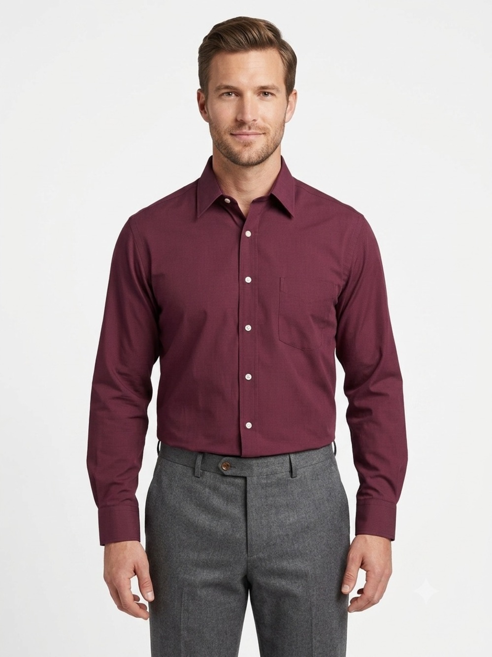 IZOD Men's Long Sleeve Button-Down Dress Shirt - Burgundy / Maroon